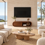 Designer TV stand with open display space and smooth doors for modern home media storage