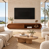 Modern entertainment cabinet with mixed open and closed storage for a clean media wall