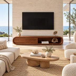 Natural solid wood TV stand with rounded frame and open shelf for a modern living room