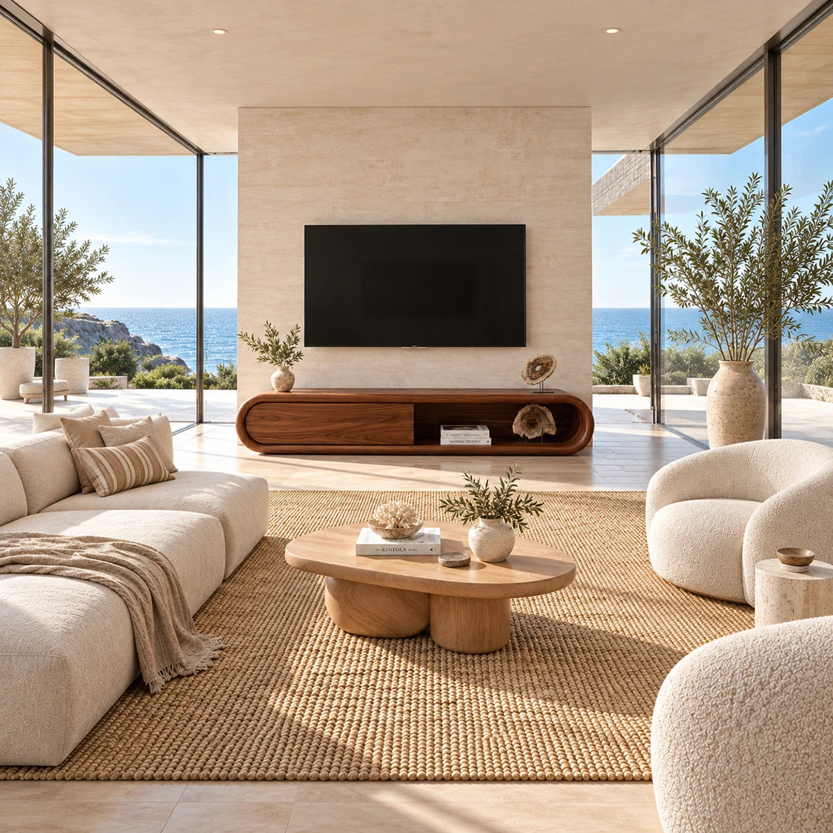 Modern media console with curved edges and mixed storage for a refined interior setting