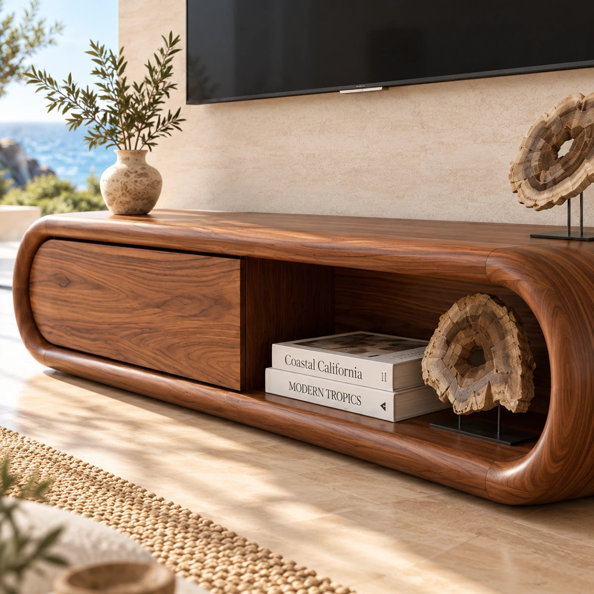 Wide entertainment console with rounded sides and practical storage for media equipment