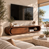 Contemporary TV console with open shelf detail adds function to a bright modern interior