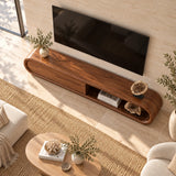 Handcrafted media cabinet with smooth closed storage and an open display compartment