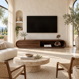 Living room TV stand with soft curved frame blends concealed storage with open shelving
