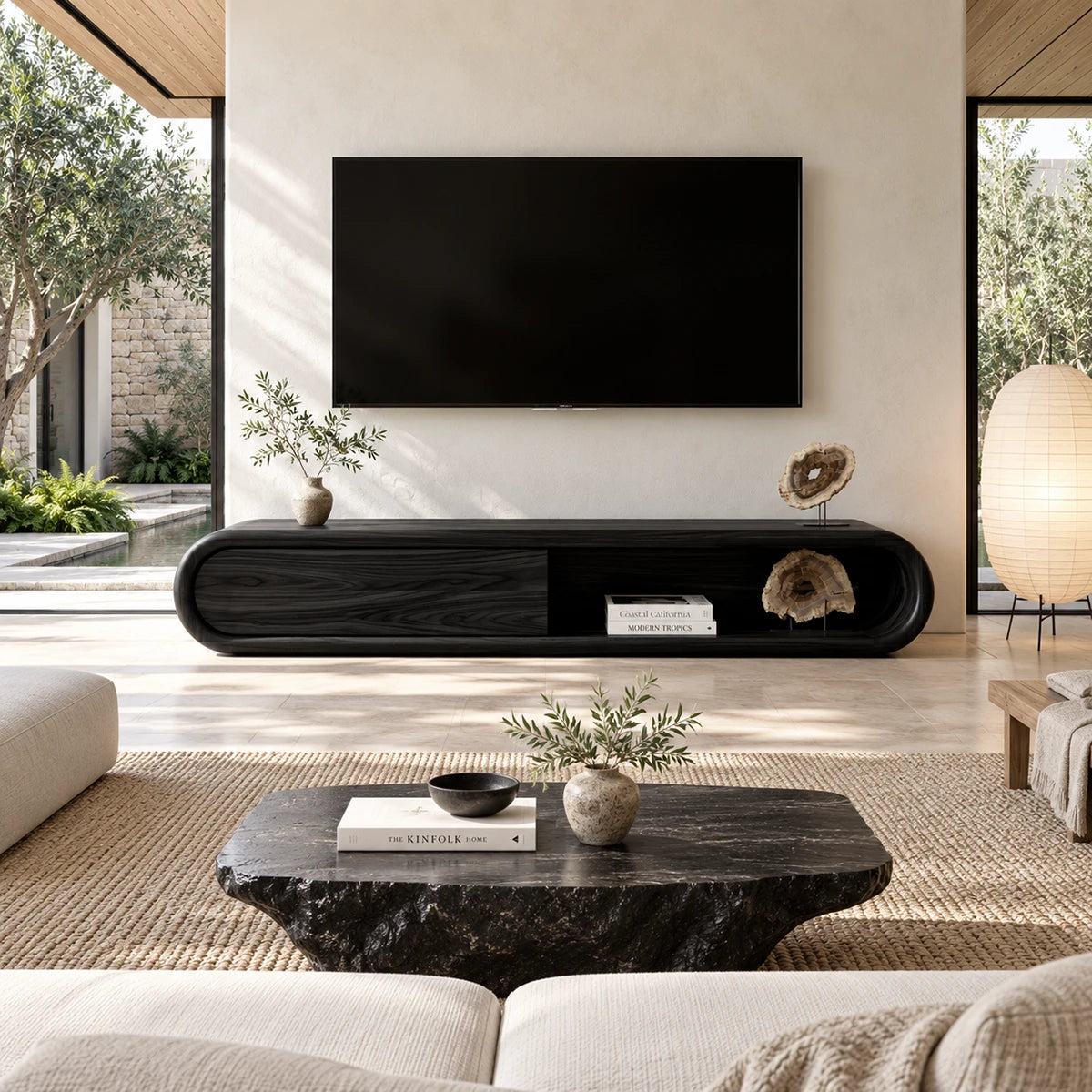 Solid wood TV cabinet with open center shelf and closed storage for a tidy media setup
