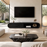 Solid wood TV cabinet with open center shelf and closed storage for a tidy media setup