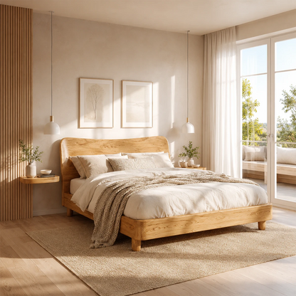 Rounded Panel Wooden Bed Frame in Natural Solid Wood for Loft Bedrooms - ArborisWood - 7