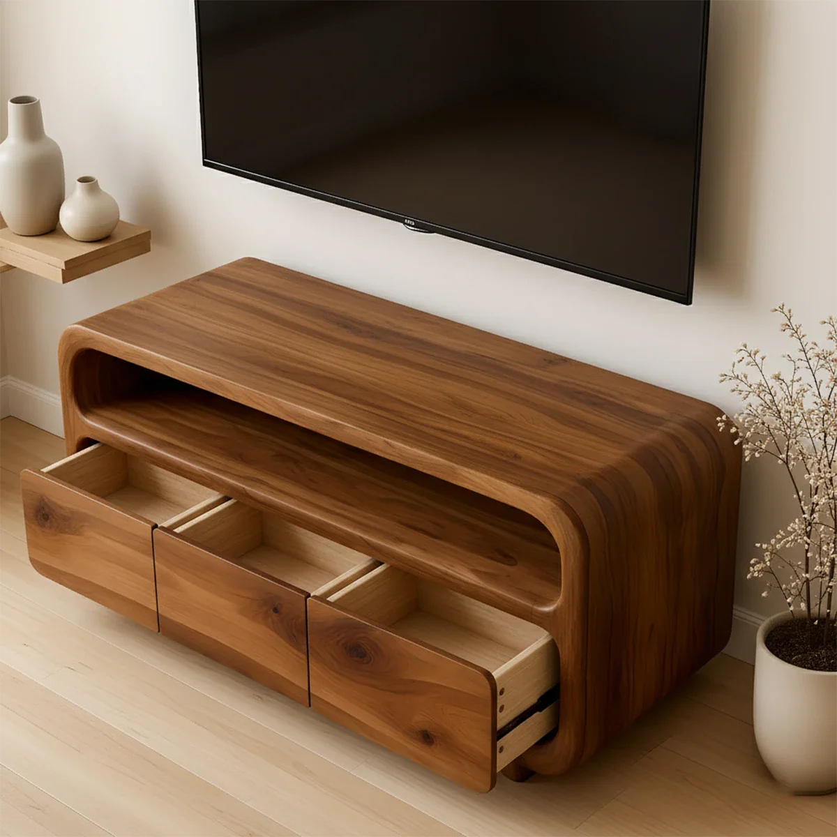 Rounded Sculptural TV Stand Solid Wood Media Console Low Profile - ArborisWood - 6