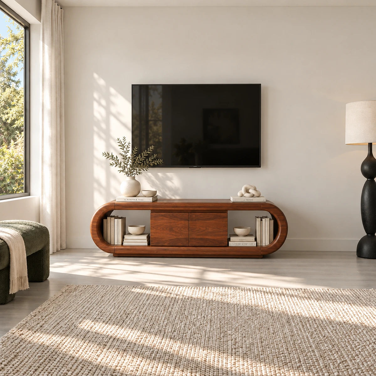 Refined entertainment unit in solid wood with rounded corners and hidden storage

