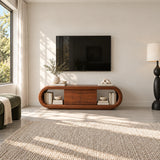Refined entertainment unit in solid wood with rounded corners and hidden storage
