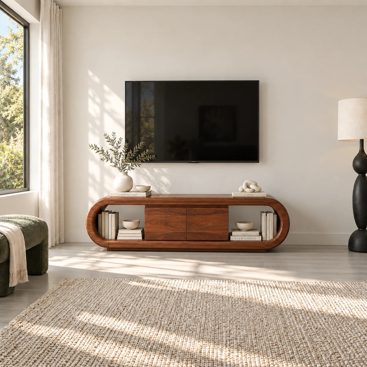 Architectural television console in solid wood with open shelving and cabinet storage
