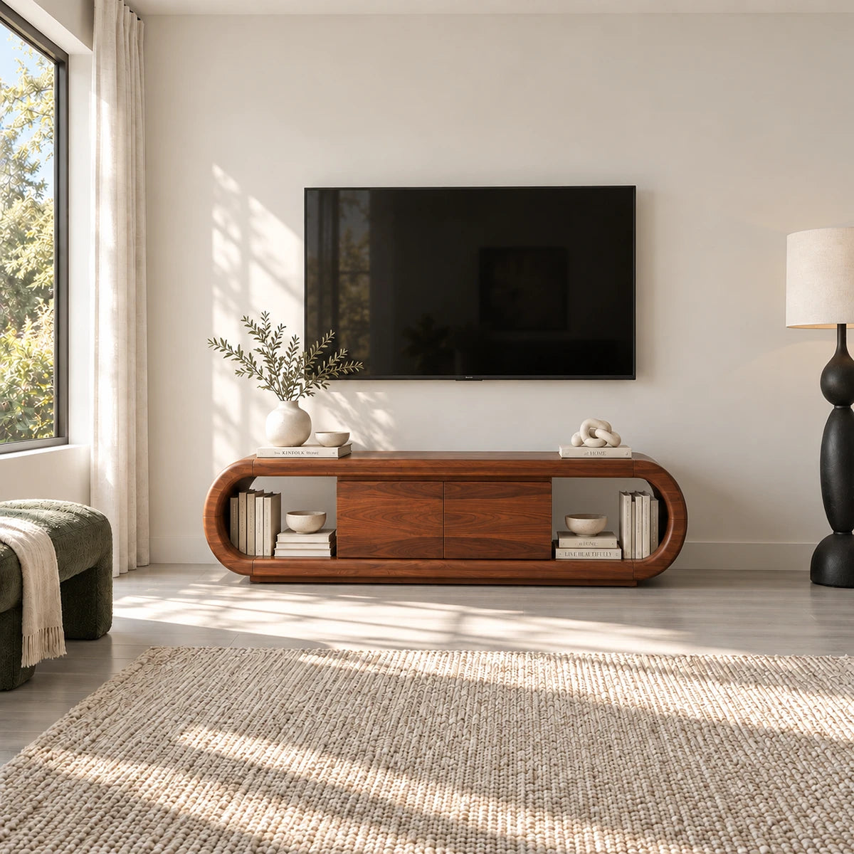 Curved media storage cabinet in solid wood for TV placement and decor display use
