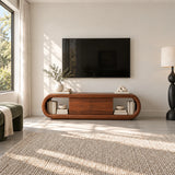 Curved media storage cabinet in solid wood for TV placement and decor display use
