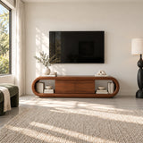 Modern entertainment stand in solid wood with soft curves and side book storage space