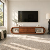 Rounded TV stand in solid wood with central cabinet and open end shelving for living room
