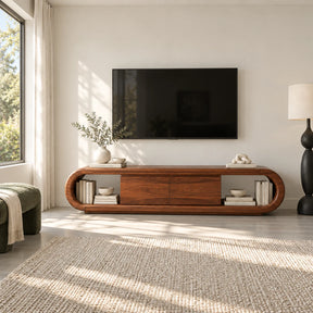 Rounded TV stand in solid wood with central cabinet and open end shelving for living room
