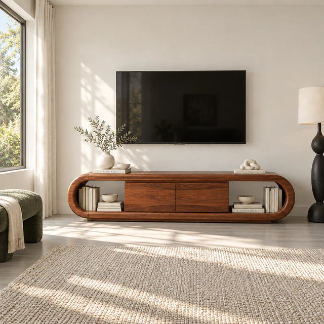 Rounded TV stand in solid wood with central cabinet and open end shelving for living room
