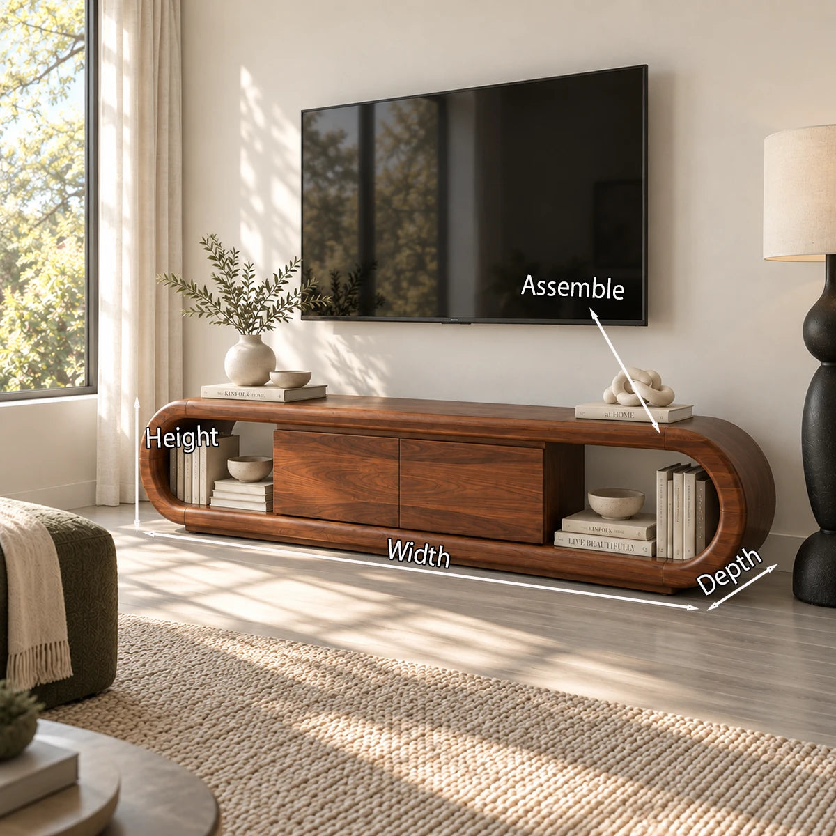 Living room TV cabinet in solid wood with open side shelves and smooth profile style
