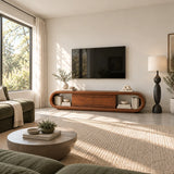 Modern media console in solid wood with curved frame and low profile storage design
