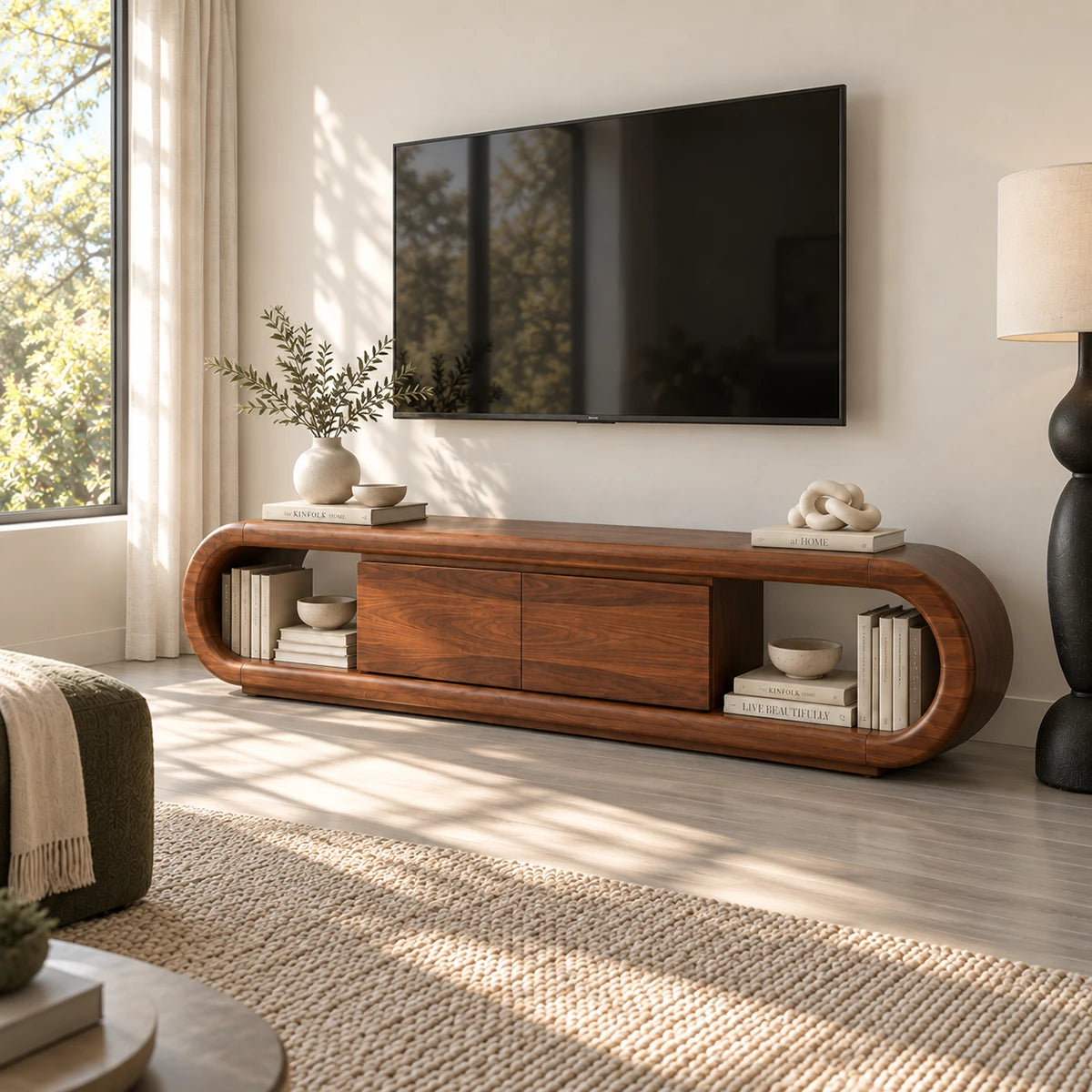 Sculptural entertainment center in solid wood with rounded sides and book display
