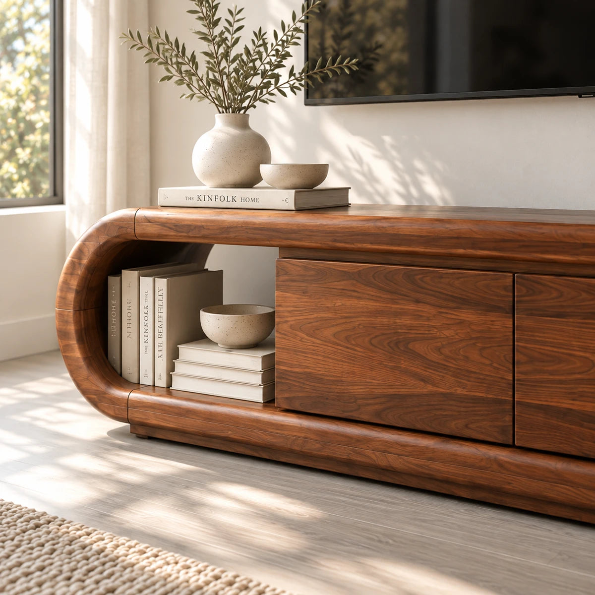 Minimalist TV media unit in solid wood with concealed storage and open shelves below
