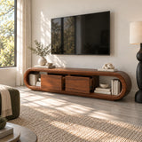 Low profile television stand in solid wood with curved ends and center cabinet storage
