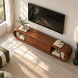 Contemporary media cabinet in solid wood with open compartments and clean lines style

