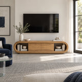 Streamlined TV console table in solid wood with low storage and display space below
