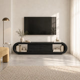 Designer media stand in solid wood with curved edges and central door storage unit
