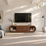 Refined media storage unit in solid wood with open shelves and soft curved lines
