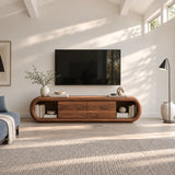 Architectural television console in solid wood with rounded silhouette and drawers
