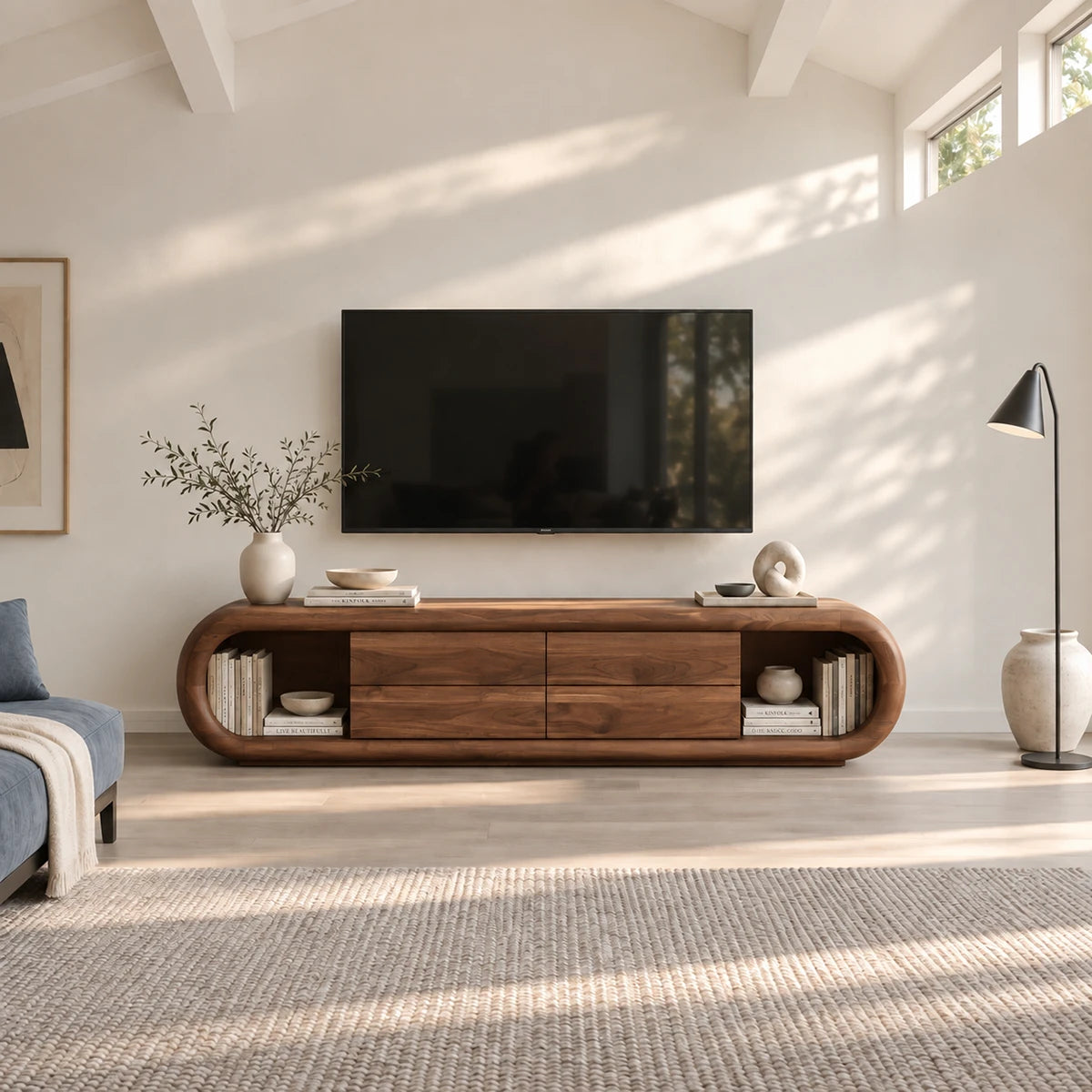 Living room media center in solid wood with open shelving and four drawer storage