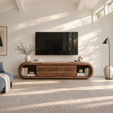 Living room media center in solid wood with open shelving and four drawer storage