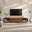 Rounded TV stand in solid wood with four drawers and open side shelving for storage
