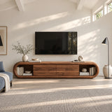 Rounded TV stand in solid wood with four drawers and open side shelving for storage
