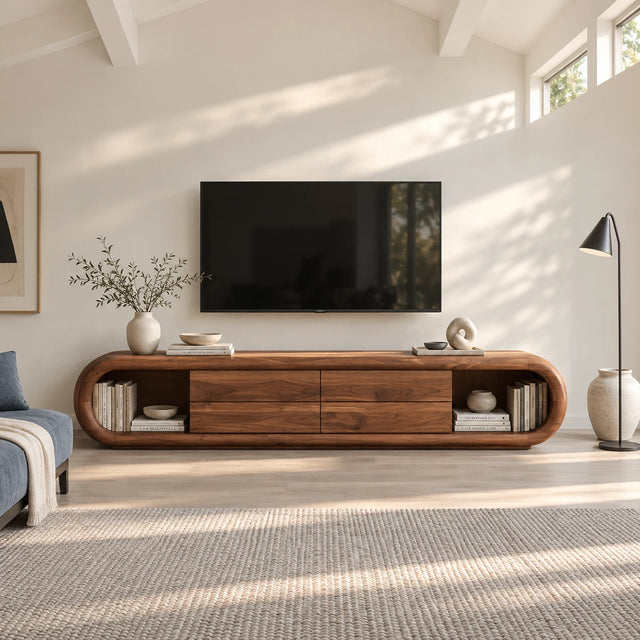 Rounded TV stand in solid wood with four drawers and open side shelving for storage
