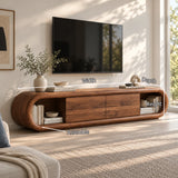 Elegant entertainment console in solid wood with rounded frame and book display

