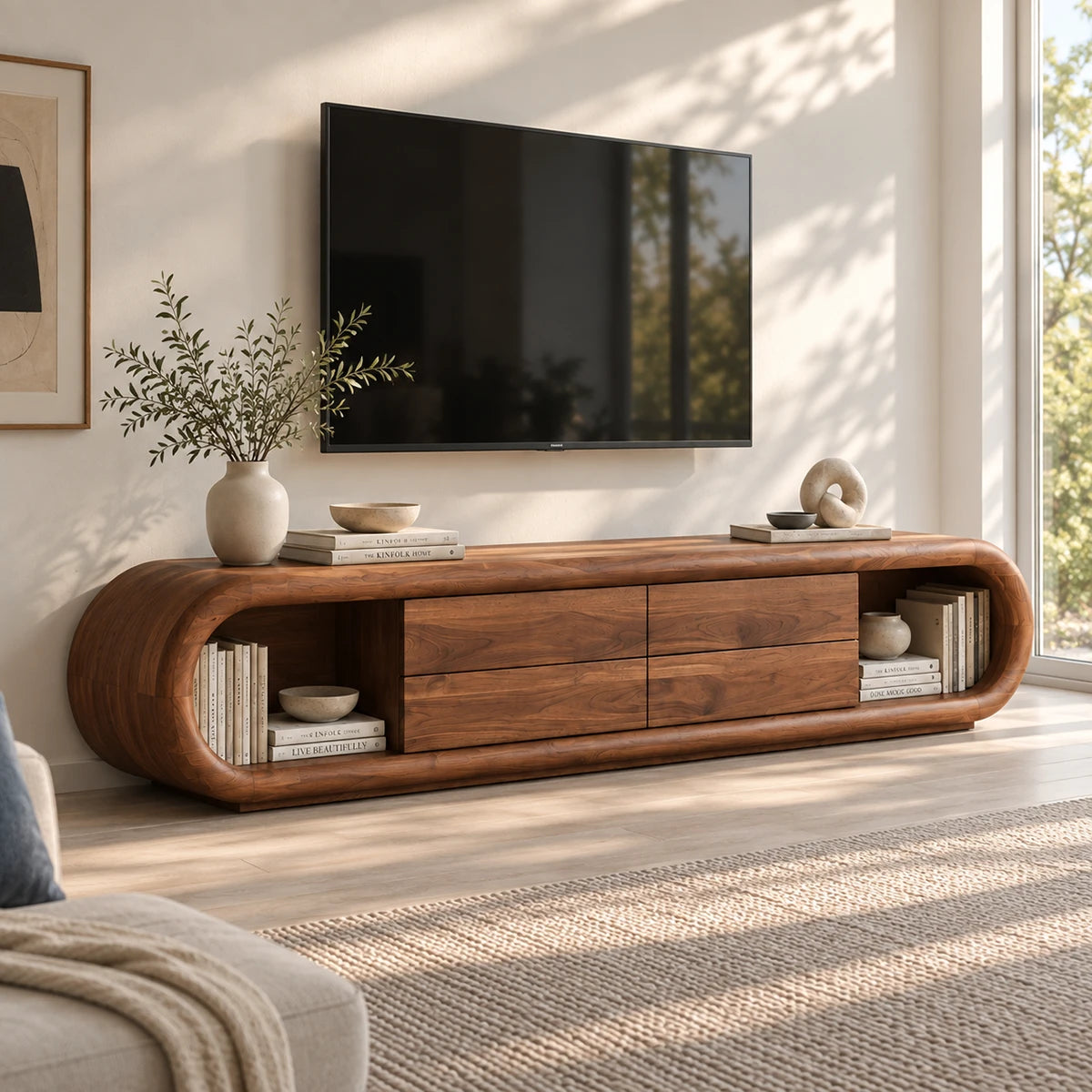 Low profile entertainment center in solid wood with rounded ends and drawer storage
