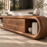 Modern television stand in solid wood with open shelving and four smooth drawers
