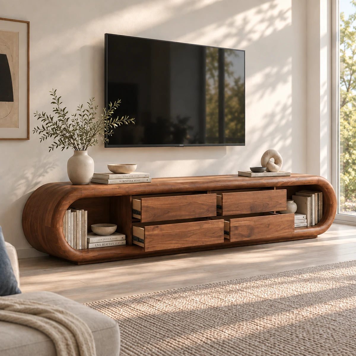 Sculptural TV media unit in solid wood with oval frame sides and central drawers
