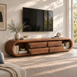 Sculptural TV media unit in solid wood with oval frame sides and central drawers
