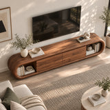 Minimalist media cabinet in solid wood with rounded corners and open book storage
