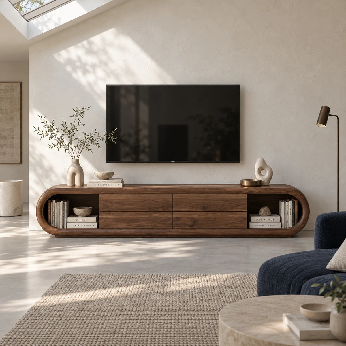 Designer entertainment unit in solid wood with four drawers and side display shelves
