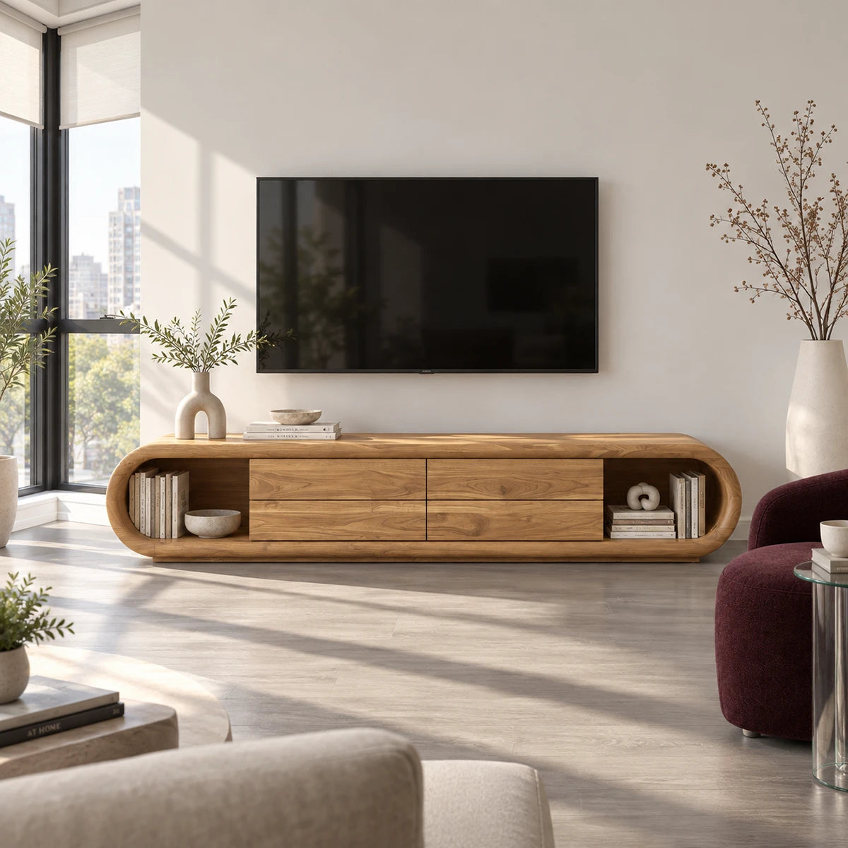 Contemporary TV console in solid wood with curved edges and integrated storage
