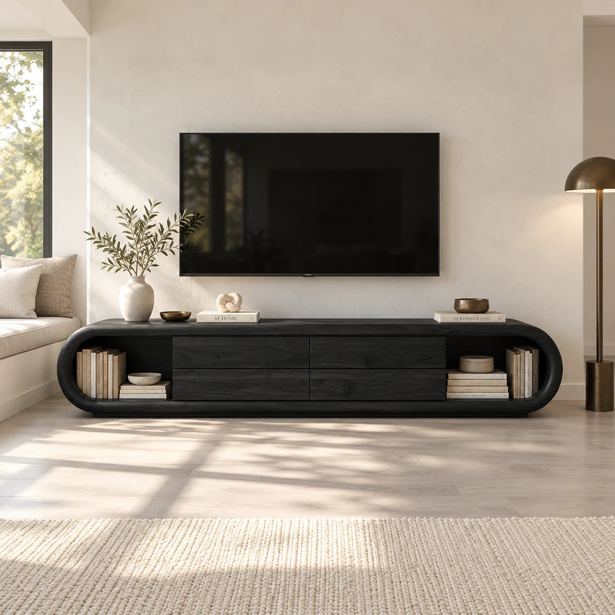 Streamlined media stand in solid wood with four drawers and open end compartments
