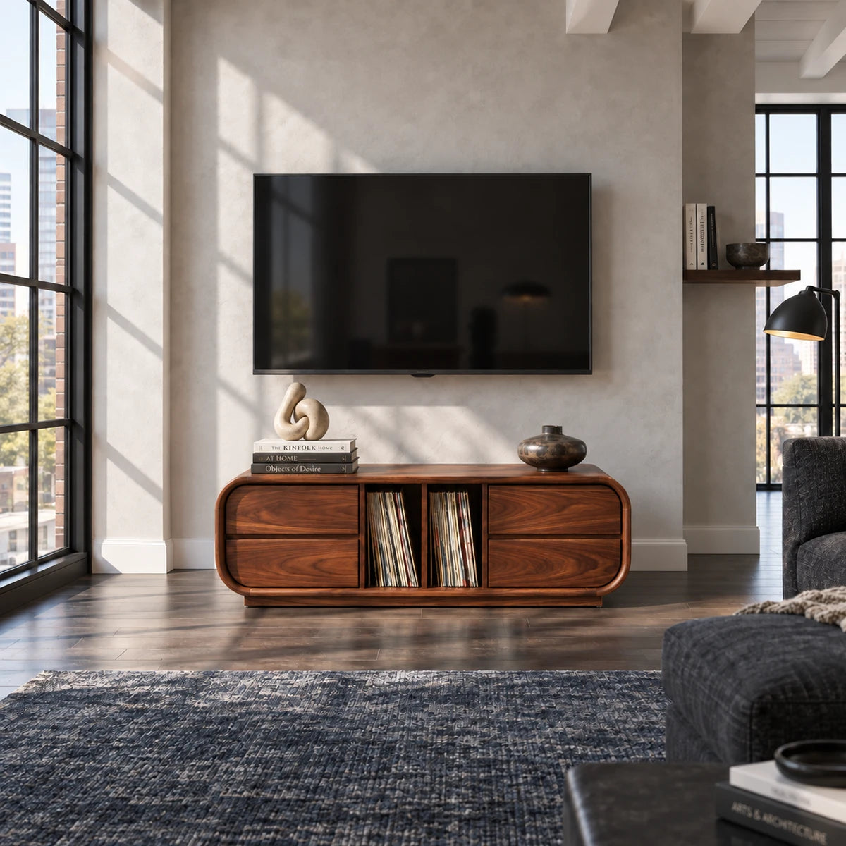 Architectural media console in solid wood with streamlined drawers and LP storage
