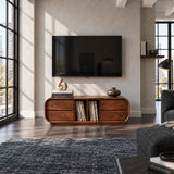Architectural media console in solid wood with streamlined drawers and LP storage
