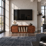 Versatile TV cabinet in solid wood with rounded corners and integrated record storage
