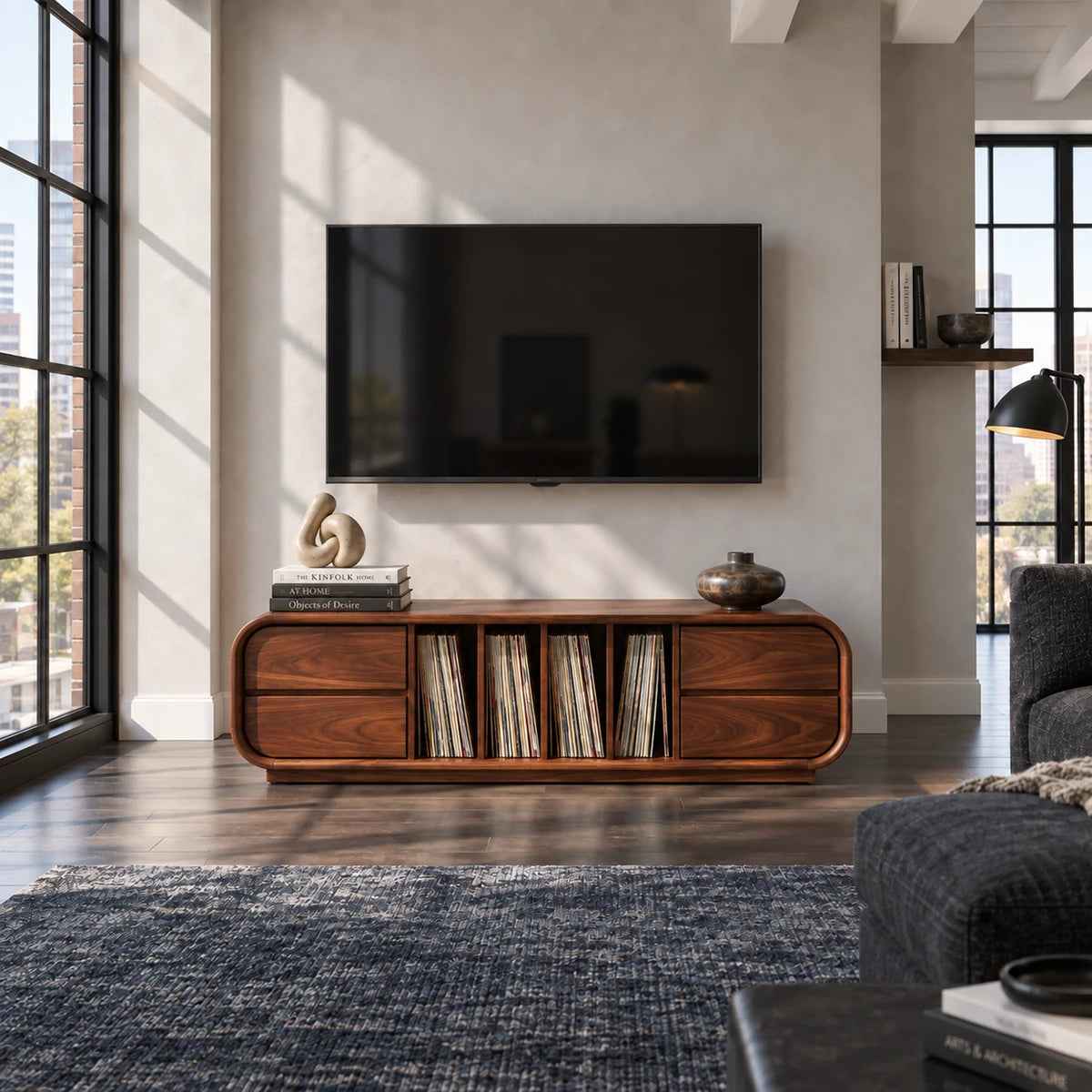 Statement entertainment unit in solid wood with vinyl shelves and roomy drawers
