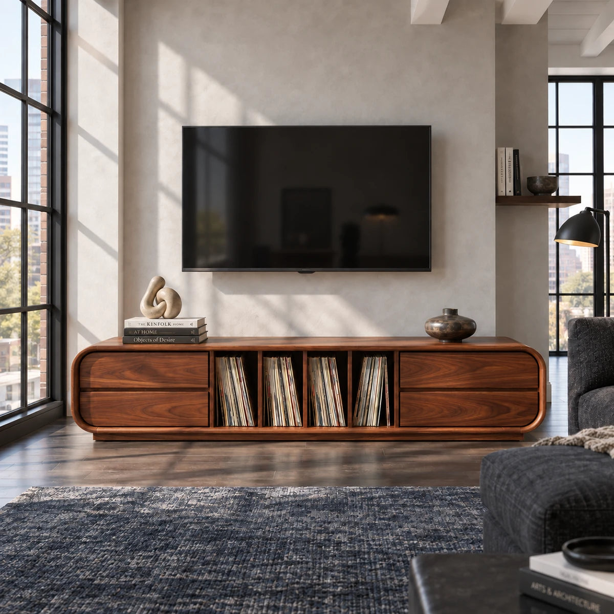 Elegant record storage TV stand in solid wood with rounded ends and side drawers